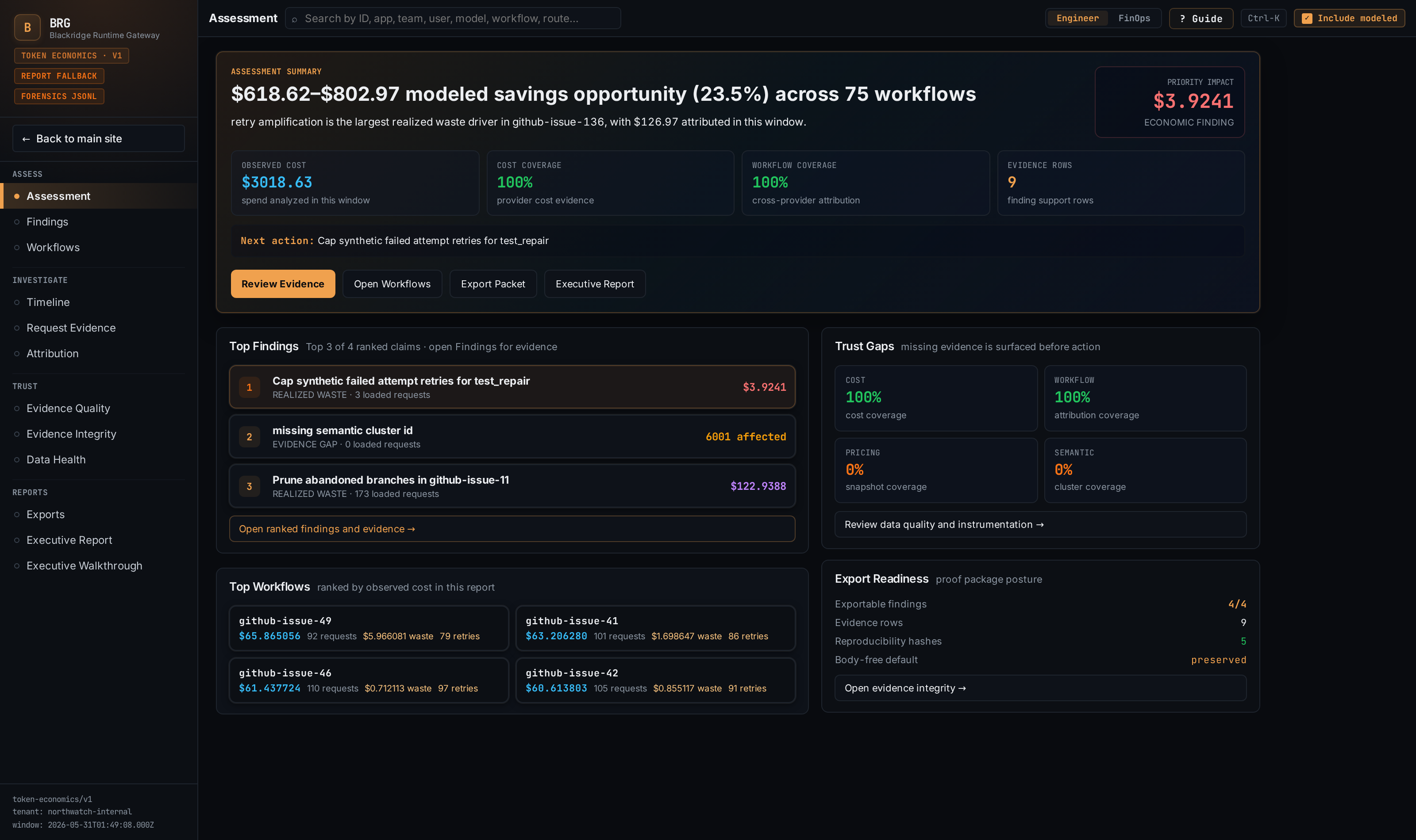 Blackridge investigation UI showing assessment summary and findings